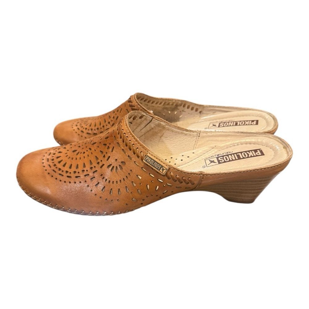 Pikolinos Leather Mule Clogs Brown Perforated Heeled Slip On EU 38 - Picture 3 of 11